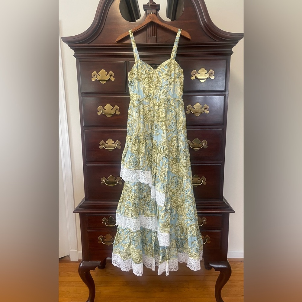 Green & Blue Floral Maxi Dress with Lace Trim